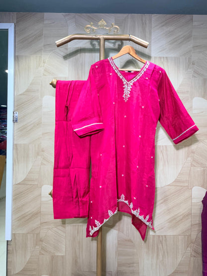 Deep Magenta Embroidered High-Low Kurta Set