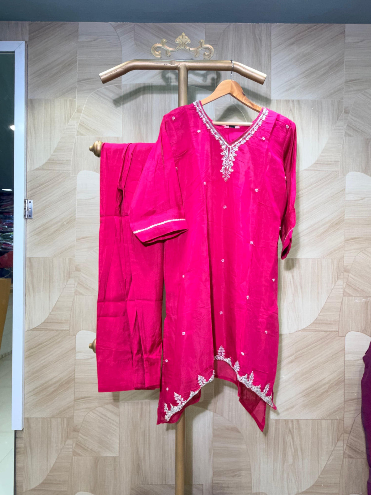 Deep Magenta Embroidered High-Low Kurta Set