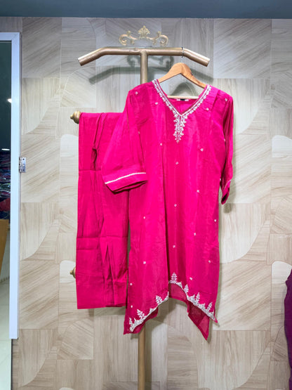 Deep Magenta Embroidered High-Low Kurta Set