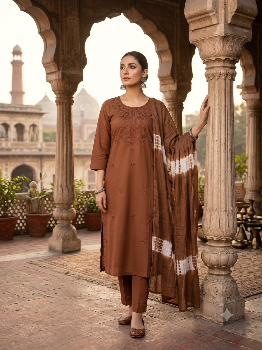 Earthy Brown Embroidered Kurta Set with Tie-Dye Dupatta