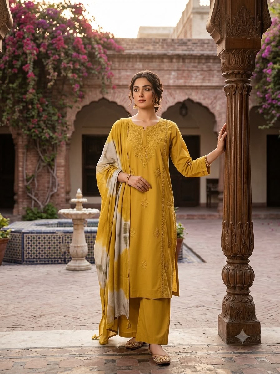 Mustard Yellow Embroidered Kurta Set with Shibori Tie-Dye Dupatta
