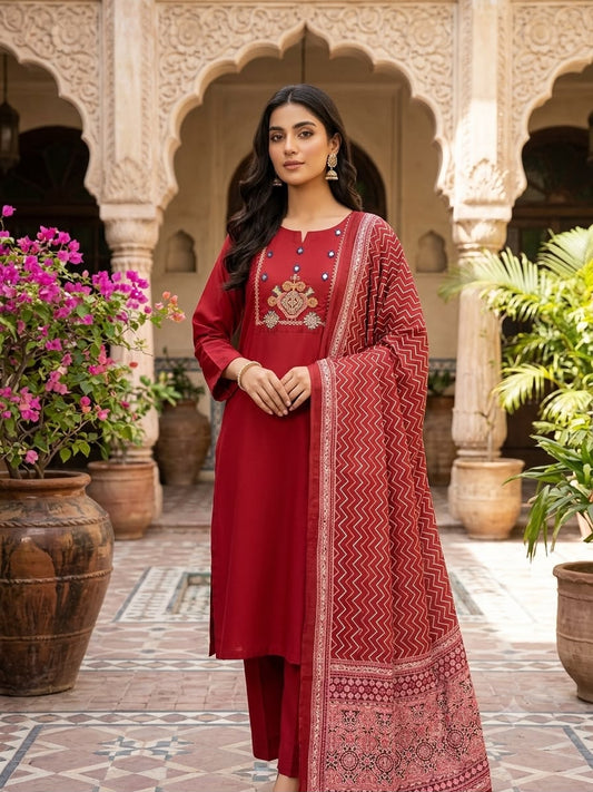 Maroon Embroidered Kurta Set with Printed Dupatta