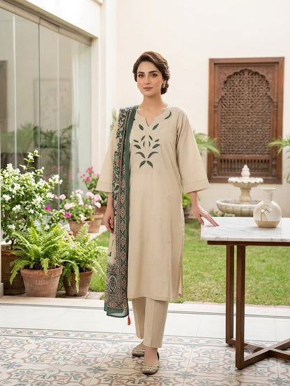 Beige Floral Embroidered Kurta Set with Printed Dupatta