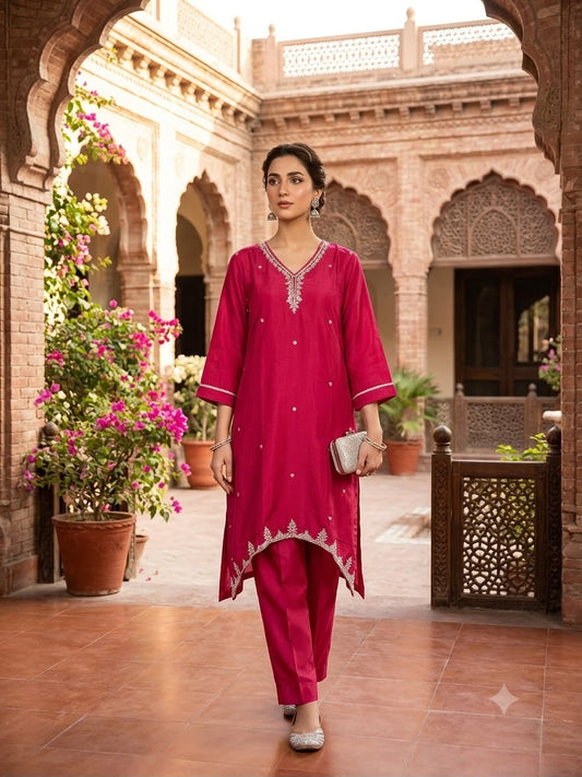 Deep Magenta Embroidered High-Low Kurta Set
