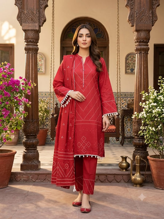 Crimson Red Embroidered Kurta Set with Bandhani Print Dupatta