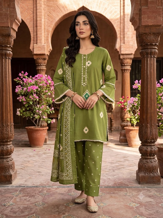 Olive Green Printed Kurta Set with Detailed Dupatta
