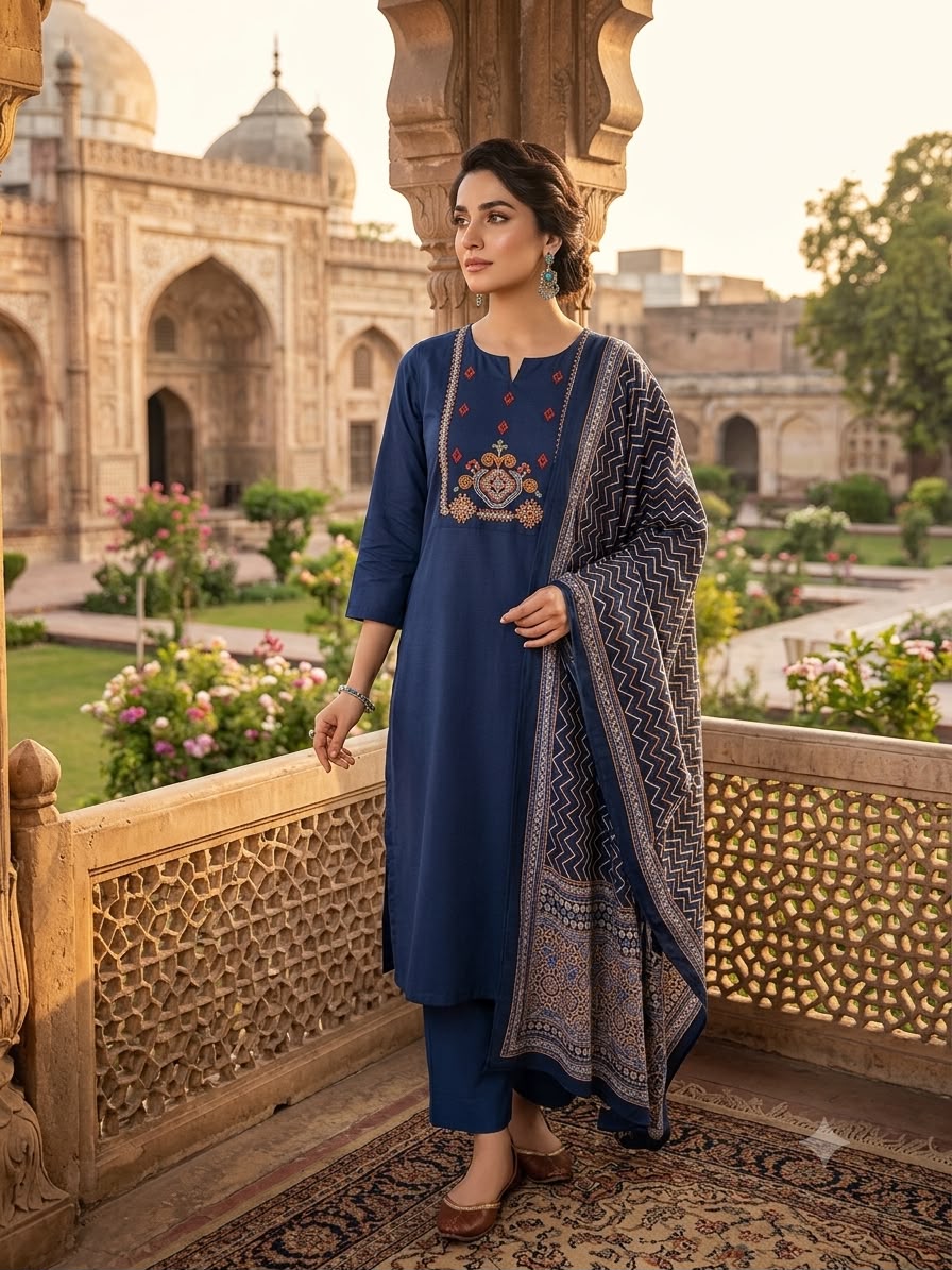 Navy Blue Embroidered Kurta Set with Printed Dupatta