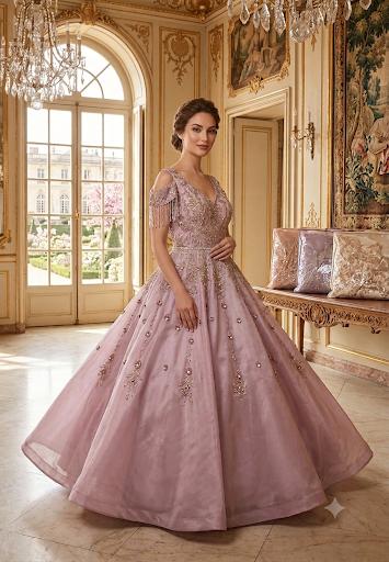 Elegance in Bloom: Dust Pink Embellished Cold-Shoulder Ball Gown