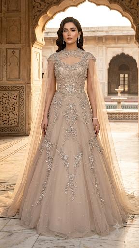 Regal Charm: Nude Beige Heavily Embellished Cape Gown