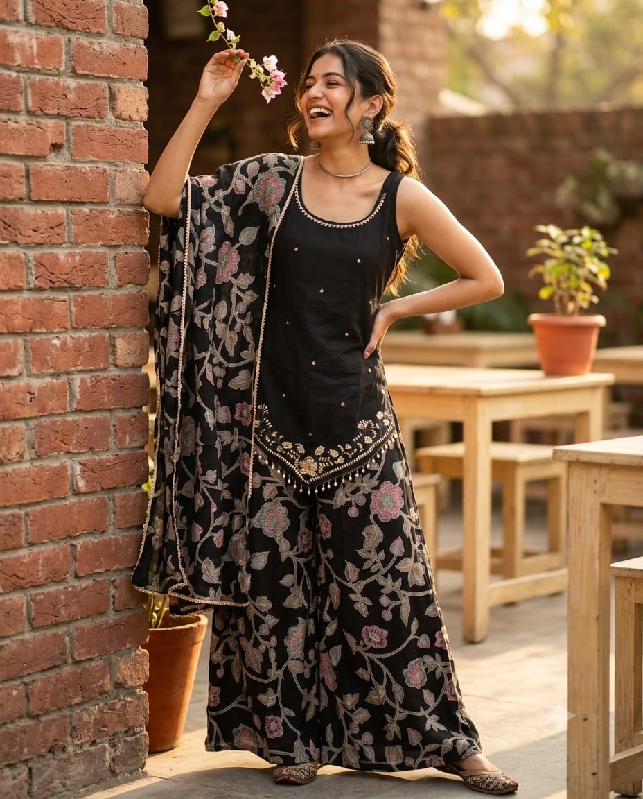 Midnight Black Floral Printed Roman Silk Kurta Set