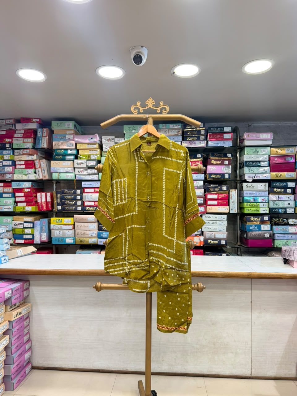 Mustard Green Bandhani Print Co-Ord / Shirt-Style Suit Set