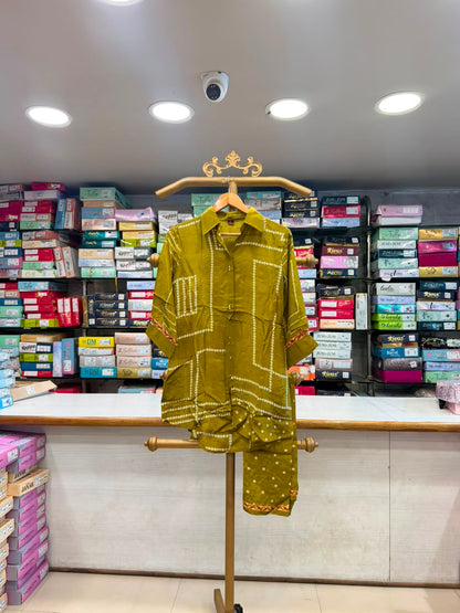 Mustard Green Bandhani Print Co-Ord / Shirt-Style Suit Set