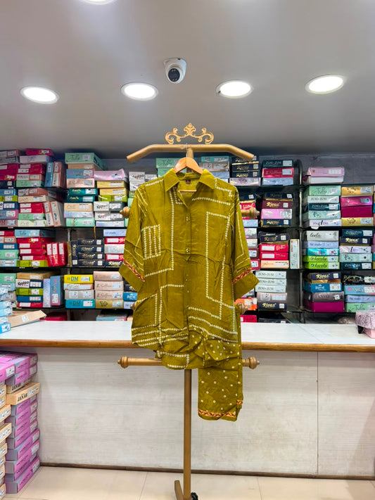 Mustard Green Bandhani Print Co-Ord / Shirt-Style Suit Set