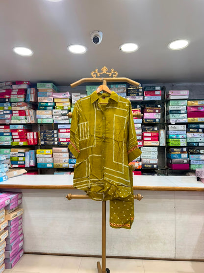 Mustard Green Bandhani Print Co-Ord / Shirt-Style Suit Set