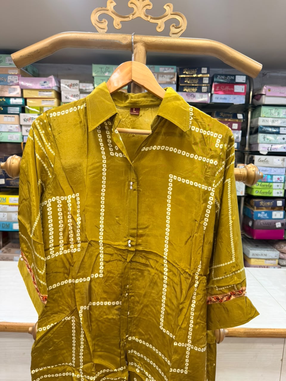Mustard Green Bandhani Print Co-Ord / Shirt-Style Suit Set