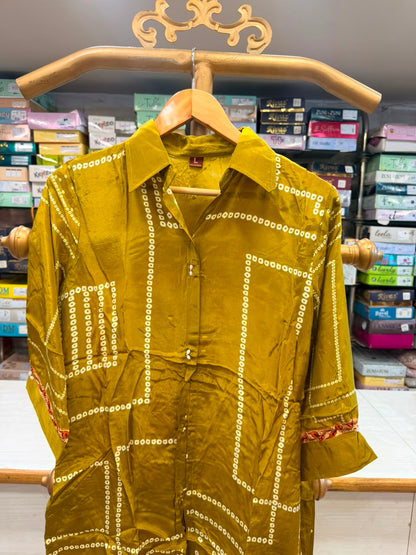 Mustard Green Bandhani Print Co-Ord / Shirt-Style Suit Set