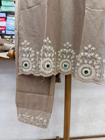 Sophisticated Taupe/Beige glass fabric with stones designs
