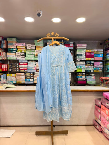 Chikankari Angrakha Anarkali Suit Set (Available in Sky Blue & Yellow)