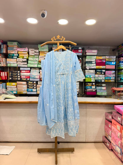 Chikankari Angrakha Anarkali Suit Set (Available in Sky Blue & Yellow)