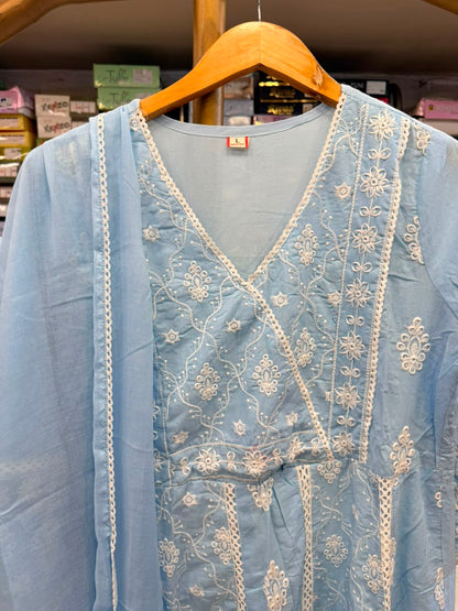Chikankari Angrakha Anarkali Suit Set (Available in Sky Blue & Yellow)