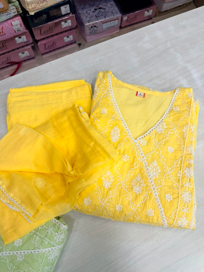 Chikankari Angrakha Anarkali Suit Set (Available in Sky Blue & Yellow)