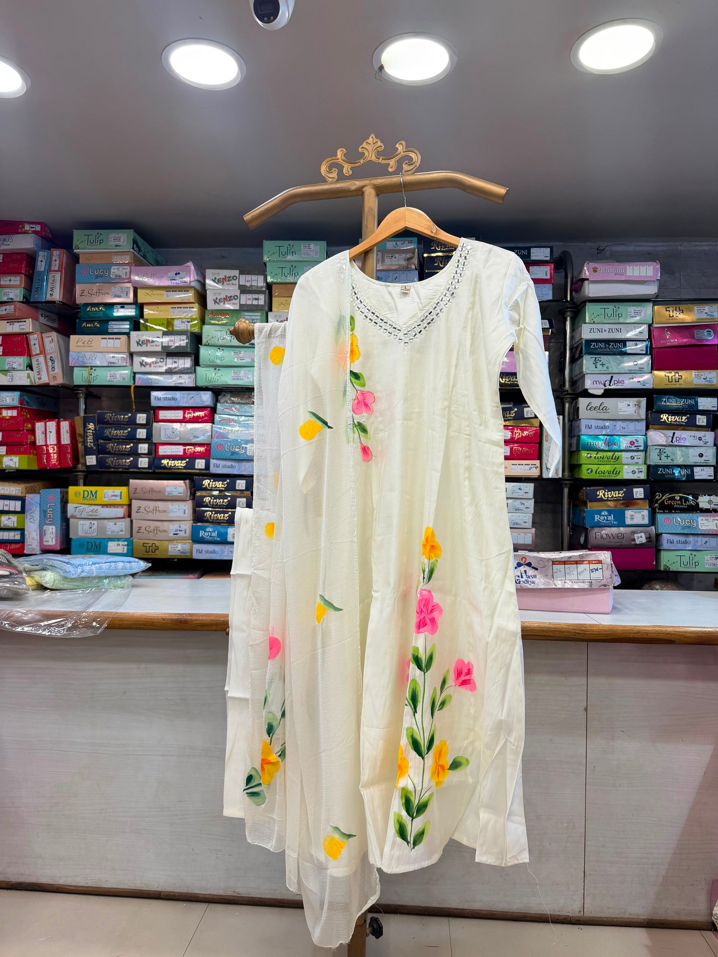 Pristine Off-White Hand-Painted Floral Anarkali / Suit Set