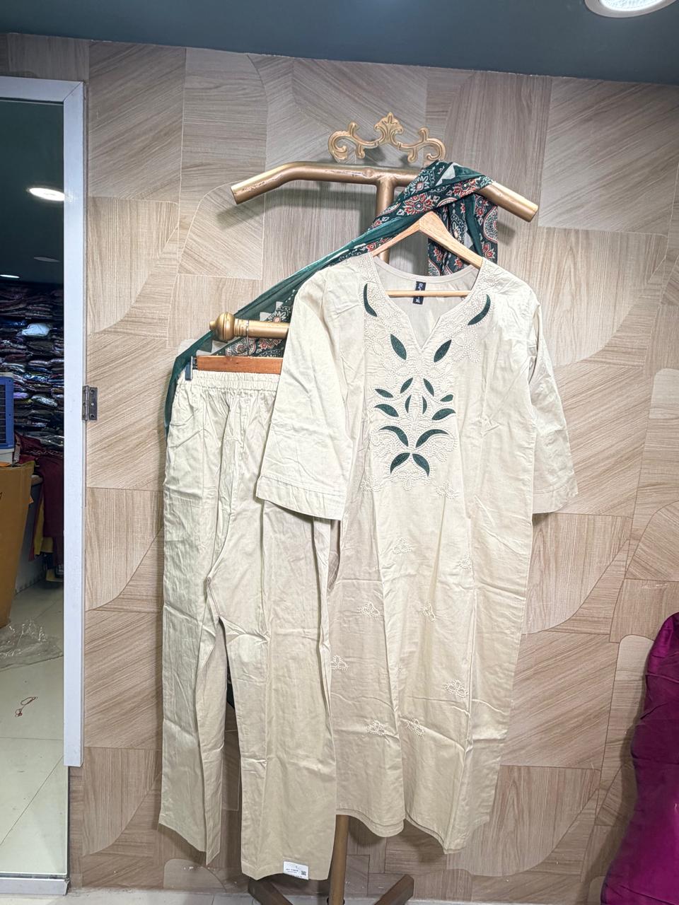 Beige Floral Embroidered Kurta Set with Printed Dupatta