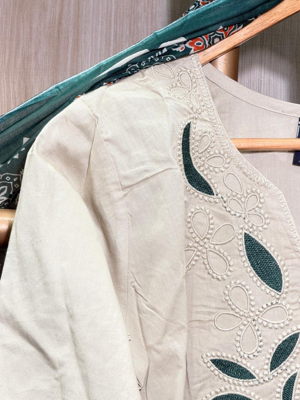 Beige Floral Embroidered Kurta Set with Printed Dupatta