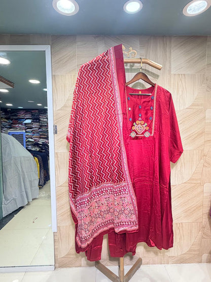 Maroon Embroidered Kurta Set with Printed Dupatta