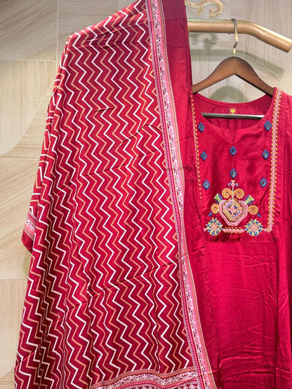 Maroon Embroidered Kurta Set with Printed Dupatta