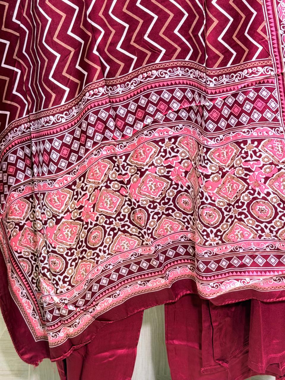 Maroon Embroidered Kurta Set with Printed Dupatta