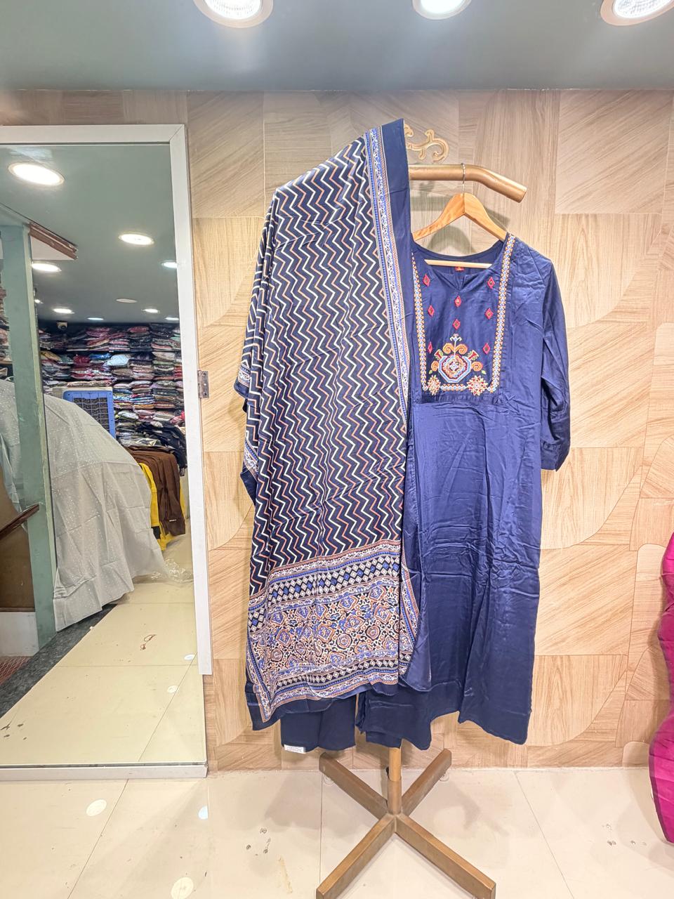 Navy Blue Embroidered Kurta Set with Printed Dupatta