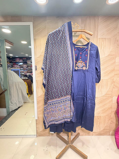 Navy Blue Embroidered Kurta Set with Printed Dupatta