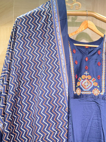 Navy Blue Embroidered Kurta Set with Printed Dupatta