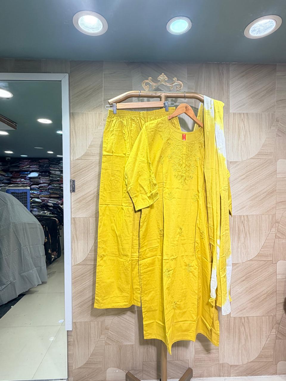 Mustard Yellow Embroidered Kurta Set with Shibori Tie-Dye Dupatta