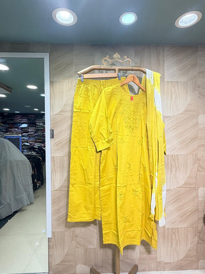 Mustard Yellow Embroidered Kurta Set with Shibori Tie-Dye Dupatta